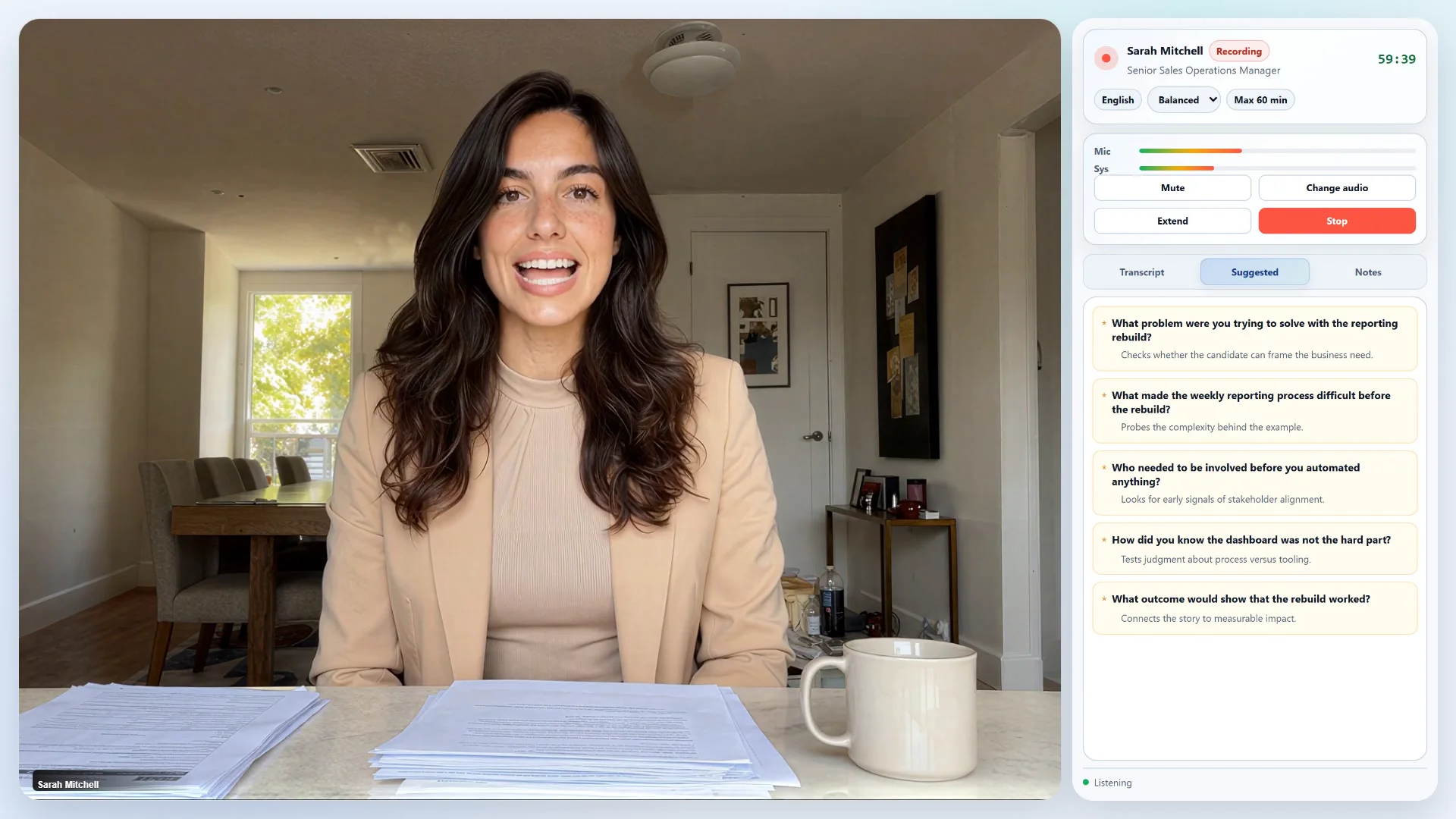 Keep recording controls, the live transcript, and suggested follow-up questions next to your video call.