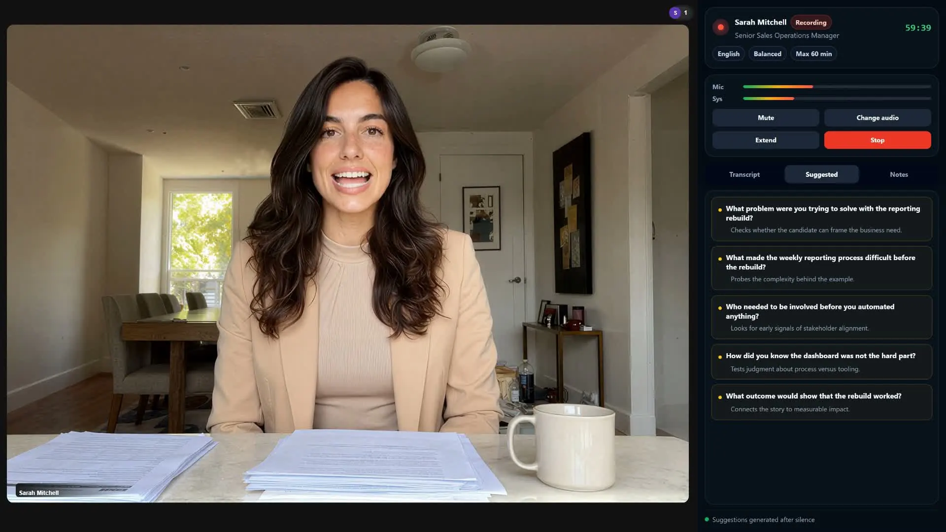 Keep recording controls, the live transcript, and suggested follow-up questions next to your video call.